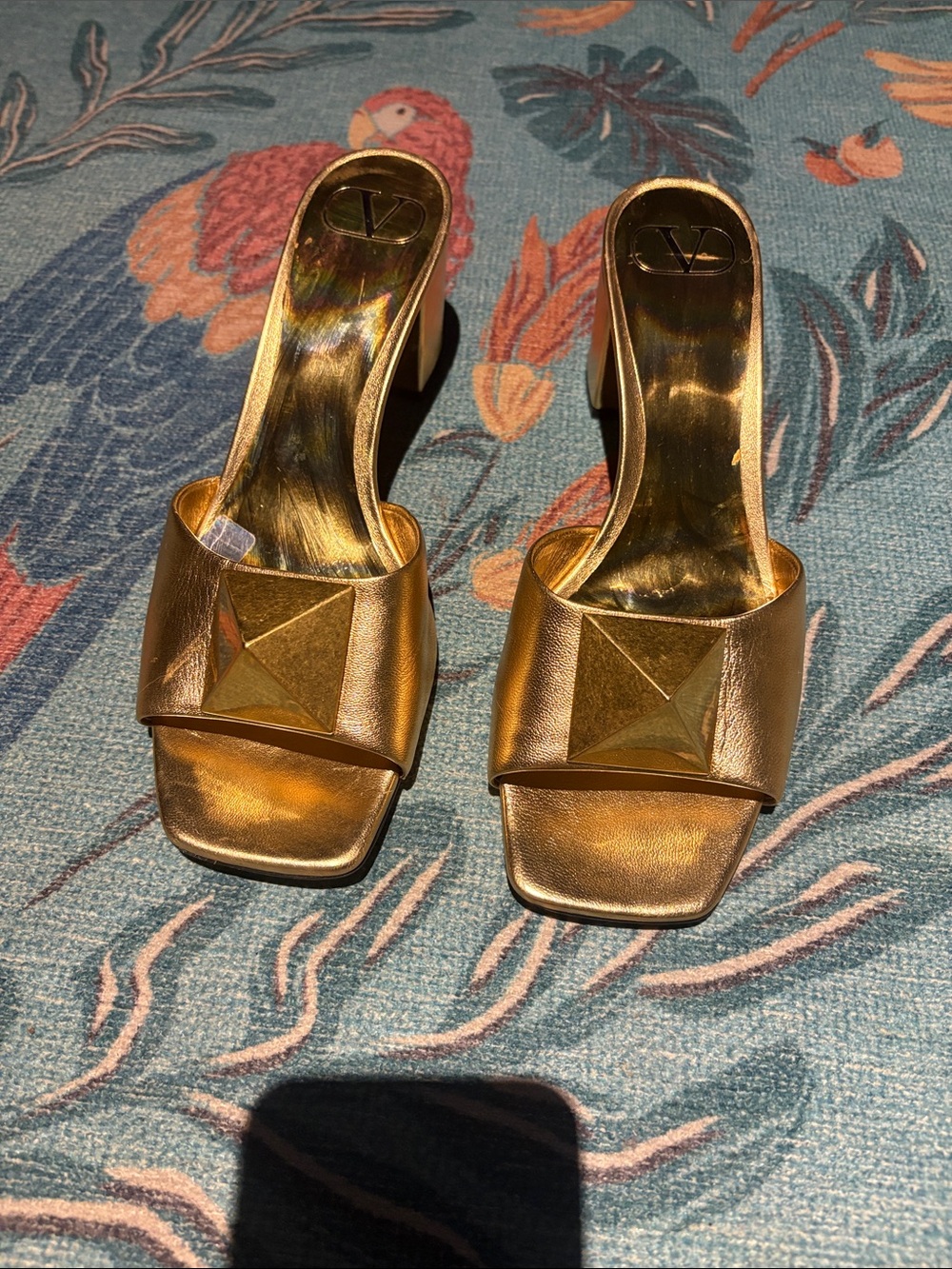 Valentino Metallic Gold Roman-Stud Slide Mules
